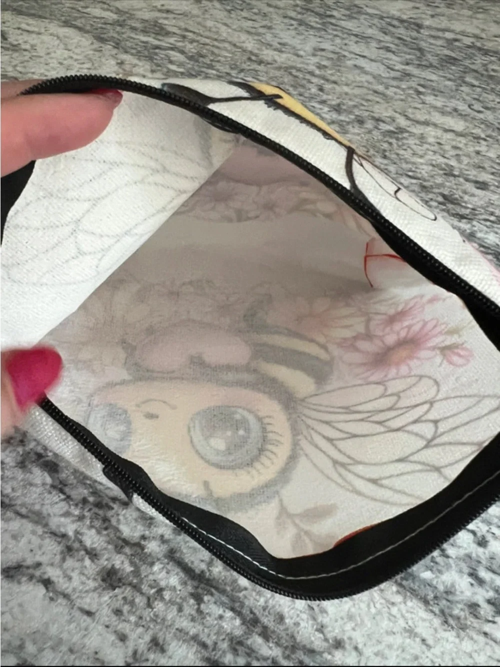 Floral Bee Print with Pink Heart Canvas Make Up Bag